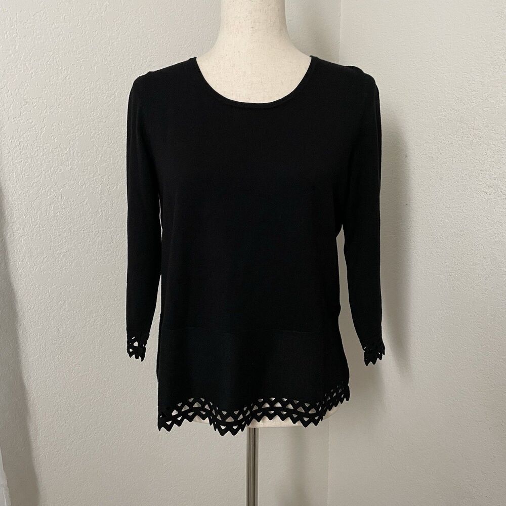 Talbots Womens Sweater PL Black 3/4 Sleeve Gingham Cut outs Tie Neck Dressy